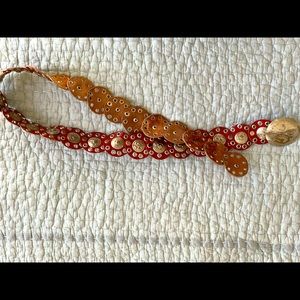 Nocona Vintage  red leather & silver belt; 36.5” long, 1.5” wide